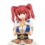  1girl bad_id banana belt between_breasts breasts female food fruit onozuka_komachi red_eyes red_hair sexually_suggestive shibaraku simple_background solo tongue touhou twin_tails twintails 