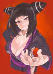 1girl alternate_costume black_hair breasts capcom cleavage drill_hair from_above grin hands head_tilt highres juri_han large_breasts megumi_yakiniku nail_polish outstretched_hand perspective purple_eyes side_slit smile solo street_fighter street_fighter_iv street_fighter_iv_(series) super_street_fighter_iv twin_drills twintails 