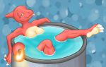 anthro anthrofied bath bathtub breasts buttstorm&#039;s_roommate charmeleon claws fangs female fire fire_type_pokemon flaming_tail gen_1_pokemon lizard looking_at_viewer nintendo non-mammal_breasts nude one_eye_closed orange_body orange_skin partially_submerged pokemon pokemon_(species) pokemorph relaxing reptile scalie simple_background solo tongue video_games water wink