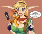  big_breasts blonde_hair blue_eyes blush breasts cleavage daxter fingerless_gloves funny gloves hairband jak_and_daxter long_hair ottsel pointy_ears smile surprise tess_(jak_and_daxter) 