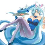  1girl alluring alternate_costume animal_ears arm arms art ass babe bare_arms bare_shoulders big_breasts blue_bow blue_eyes blue_hair blue_high_heels blush bow bowtie breasts bunny_ears bunny_girl bunnysuit clair cleavage collarbone crossed_legs cuffs detached_collar dragonair earrings fake_animal_ears fujimaru_(kinakomucch) gym_leader hair_between_eyes high_heels ibuki_(pokemon) jewelry josei_nyoshou knees_up legs legs_crossed leotard light_blue_hair long_hair looking_at_viewer nintendo pantyhose pokemon pokemon_(anime) pokemon_(game) pokemon_gsc pokemon_heartgold_and_soulsilver pokemon_hgss ponytail purple_legwear shoes shy simple_background sitting strapless strapless_leotard tray white_background wrist_cuffs 