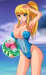 1girl alien arm_up armpits big_breasts blonde_hair blue_eyes breasts casual_one-piece_swimsuit cleavage eyes female_only high_res highres long_hair metroid metroid_(creature) navel nintendo ocean one-piece_swimsuit ponytail samus_aran see-through sigurd_hosenfeld sigurdhosenfeld solo swimsuit zero_suit