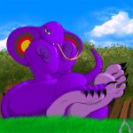 2012 5_toes anthro arbok big_breasts breast_squish breasts claws clouds feet female forked_tongue grass green_eyes hindpaw huge_breasts huge_nipples long_tongue looking_at_viewer nipples nude outside paws plantigrade pokemon puffy_nipples purple reptile scalie sebrina_arbok shiny shiny_skin single_eye single_green_eye sky smile snake soles solo ticklishways toes tongue tongue_out tree wood zp92