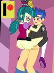  1boy 1girl ambiguous_penetration ass bespectacled black_skirt blue_eyes blush bottomless equestria_girls female flash_sentry flash_sentry_(mlp) friendship_is_magic glasses juniper_montage looking_at_each_other male male/female my_little_pony no_bra no_panties partially_clothed sex sideboob skirt skirt_around_belly skirt_lift socks standing succubi_samus suspended_congress 
