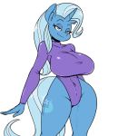  1girl anthro bedroom_eyes blue_hair blue_skin breasts covered_navel cutie_mark friendship_is_magic furry horn large_breasts leotard long_hair my_little_pony purple_eyes purple_leotard reiduran simple_background smirk tail thighs trixie unicorn white_background wide_hips 