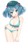  1girl alternate_costume aqua_eyes bad_id bikini blue_hair blush breasts cleavage collarbone etou_(cherry7) female floral_print front-tie_top hair_bobbles hair_ornament hat high_res highres kawashiro_nitori navel nitori_kawashiro open_mouth shiny shiny_skin short_hair side-tie_bikini solo swimsuit touhou twin_tails twintails two_side_up white_background 