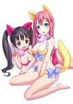  2girls animal_ears aqua_eyes bare_legs bare_shoulders barefoot bikini black_hair blue_eyes breasts choker cleavage fake_animal_ears fake_tail fang fox_ears fox_tail hair head_tilt high_res highres large_breasts leizhong long_hair lying multiple_girls navel on_side on_stomach open_mouth original pink_hair purple_eyes ribbon simple_background sitting smile strap_gap swimsuit tail twin_tails twintails wariza white_background 