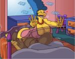  1boy 1girl bedroom big_ass big_breasts blue_hair cheating_wife closed_eyes dark-skinned_male fat_man girl_on_top hands_on_wall happy_sex interracial kogeikun long_hair male male/female male_penetrating_female marge_simpson moaning necklace nightgown pearl_necklace the_simpsons yellow_skin 