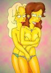  artist_request breasts cleavage cover_up female hugging rachael_jordan sara_sloane the_simpsons topless yellow_skin yuri 