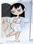  2012 ass bathroom black_hair blue_eyes breasts bubble_butt cleavage dlt lipstick looking_back looking_down ms._keane nude powerpuff_girls red_lipstick shampoo short_hair shower smile solo steam teacher towel water wet wide_hips 