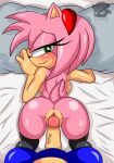  1boy 1girl amy_rose anus ass balls bed breasts dat_ass duo eulipotyphlan female_focus furniture genitals half-closed_eyes hedgehog high_res looking_at_viewer looking_back male male/female mammal narrowed_eyes penetration penis pillow pillow_grab pink_body pov pov_ass pussy sega sirjzau sonic_the_hedgehog sonic_the_hedgehog_(series) vaginal vaginal_penetration video_games 