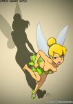  1_girl 1girl 2019 assisted_exposure blonde blonde_hair blue_eyes breasts disney dress dress_pull fairy fairy_wings female green_dress no_bra noisetanker partially_clothed peter_pan pointy_ears shadow solo tinker_bell topless wings 