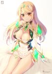  1girl absurd_res alluring big_breasts blonde_hair blush chinchongcha cleavage gloves headband high_res looking_at_viewer mythra signature thigh_strap white_gloves xenoblade_(series) xenoblade_chronicles_2 