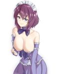  1_girl 1girl blush breasts choker cleavage clothed collarbone corset detached_sleeves eyebrows_visible_through_hair female female_only frilled_dress frills hair_between_eyes henrietta_de_tristain leaning_forward looking_at_viewer maid_headdress purple_clothing purple_dress purple_hair purple_sleeves royalty short_hair solo standing zero_no_tsukaima 