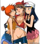  3_girls 3girls arms bandana bare_legs beanie big_breasts bike_shorts bike_shorts_pull blue_eyes blue_hair blush breasts brown_eyes brown_hair camisole cleavage cleft_of_venus collarbone dawn_(pokemon) eye_contact eyebrows female_only friends girl_sandwich gloves grin group_hug hair_ornament hat hentaimate hugging kakkii latex legs long_hair looking_at_another may_(pokemon) midriff misty_(pokemon) moaning mound_of_venus multiple_girls naughty_face navel neck nintendo nipple_slip nipples no_bra no_panties open_clothes open_mouth open_shirt orange_hair pants_down pokemon pokemon_(anime) pokemon_(game) pokemon_dppt pokemon_firered_and_leafgreen pokemon_frlg pokemon_rgby pokemon_rse pussy shirt short_hair shorts shorts_pull side_ponytail simple_background skirt small_waist smile standing tank_top teeth threesome uncensored watermark white_background yuri 
