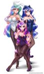  3_girls 3girls breasts bunny_ears cat_ears choker clothed earrings female_only friendship_is_magic high_heels humanized leotard long_hair looking_at_viewer my_little_pony pantyhose princess_cadance princess_celestia princess_celestia_(mlp) princess_luna princess_luna_(mlp) racoonkun sitting standing 