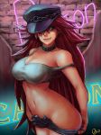 1girl absurdres big_hair blue_eyes breasts capcom character_name choker clothes_pull commentary_request crop_top denim denim_shorts final_fight hat highres large_breasts long_hair midriff navel onofre_wayne peaked_cap photoshop_(medium) pink_hair poison poison_(final_fight) pulled_by_self short_shorts shorts shorts_pull signature smile solo strap_slip tank_top