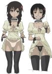 2girls ahoaho_(artist) black_hair black_panties breasts brown_eyes brown_hair cameltoe chains character_request clothed collar crazy cuffs deadman_wonderland dress dress_lift female flower grin hair_ornament handcuffs medium_breasts minatsuki_takami multiple_girls nipples open_mouth panties pussy ribbon see-through see_through shaved shaved_pussy short_hair simple_background skirt skirt_lift smile source_request standing stockings takami_minatsuki teeth text thighhighs translation_request underwear white_background