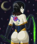  ass bloodstained_ritual_of_the_night crescent_moon elbow_gloves gems huge_ass looking_at_viewer looking_back miriam_(bloodstained) thong whip 