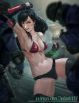  1girl armpits arms_up bare_arms bare_shoulders big_breasts bikini black_hair bracelet breasts cleavage clenched_hands collarbone earrings fantasy fighting_stance final_fantasy final_fantasy_vii final_fantasy_vii_remake fingerless_gloves gloves jewelry judash137 kicking light-skinned_female light_skin long_hair looking_at_viewer midriff miniskirt navel open_mouth parted_lips pleated_skirt ponytail red_eyes skirt smile stockings swimsuit thighs tifa_lockhart toned very_long_hair 