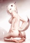  1girl 1girl animal_ear_fluff animal_ears anus arknights ass barefoot censored feet high_resolution lappland_(arknights) legs long_hair looking_at_viewer looking_back nude pale_skin pussy s16xue scar scar_across_eye seiza silver_hair sitting soles tail toenails toes toned wolf_ears wolf_tail 