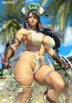  1girl 1girl alluring alternate_breast_size artnip big_breasts black_eyes black_hair breasts covered_erect_nipples dual_wielding elbow_gloves female_abs gloves hat holding long_hair navel older outside revealing_clothes see-through shiny shiny_hair shiny_skin skindentation soul_calibur talim thighs tonfa weapon 