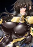  black_hair bodysuit breasts erect_nipples huge_breasts kanten kk long_hair muvluv purple_eyes skin_tight skintight takamura_yui 