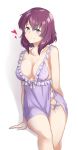  1_girl 1girl blush breasts cleavage collarbone female female_only frills hair_between_eyes henrietta_de_tristain lingerie looking_at_viewer mostly_nude negligee purple_hair ribbon royalty short_hair simple_background smile solo underwear zero_no_tsukaima 