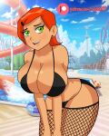  1girl bare_shoulders ben_10 big_breasts big_breasts bikini black_bikini black_swimsuit breasts cartoon_network cleavage ear_piercing eyebrow_piercing fishnet_legwear fishnets green_eyes gwen_tennyson looking_at_viewer open_mouth open_smile orange_hair outside outside pool poolside raydonxd red_hair smile solo_female squished_breasts swimsuit wide_hips 