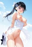  1girl areola bare_arms bare_legs bare_shoulders big_breasts black_hair blue_eyes blue_sky blush bottomless breasts breasts_out_of_clothes clavicle cleavage cleft_of_venus clothes_pull clothing cloud cloudy_sky comic_anthurium cover cover_page cowboy_shot curvaceous curvy_female day decensored detexted dress dress_pull erect_nipples eyebrows_visible_through_hair full_color groin hair_between_eyes hair_ornament hair_ribbon hat headwear high_ponytail high_resolution legs light-skinned light-skinned_female long_hair looking_at_viewer magazine_(source) mignon mole navel nipples no_bra nopan open_clothes open_mouth original outside paipan ponytail presenting presenting_self pulled_by_self pussy ribbon scan see-through shiny shiny_skin sky standing stomach summer sunlight sweat thick_thighs thighs third-party_edit tied_hair uncensored uncensored_vagina vaginal_juice_drip vaginal_juices voluptuous white_dress white_outfit white_ribbon wind_lift 