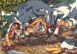  1girl all_fours beastiality bent_over blood blood_on_face breasts open_clothes open_shirt panties panty_pull ragnarok_online rape sex shirt sweat sword tears thief thief_(ragnarok_online) torn_clothes underwear vaginal volvox weapon white_panties wolf 