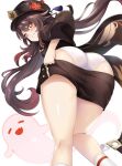  1girl 1girl ass ass_focus big_ass blush genshin_impact grin hu_tao_(genshin_impact) long_hair looking_at_viewer red_eyes solo_female solo_focus taking_off_clothes thick_thighs thighs undressing white_background white_panties 