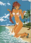  anime beach bikini brown_eyes brown_hair high_heels highres kneel long_hair sandals swimsuit water 