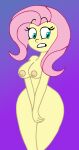 1girl 2024 blue_eyes blush breasts covered_navel cute edit equestria_girls eyebrows eyelashes female_only fluttershy fluttershy_(mlp) friendship_is_magic looking_at_viewer my_little_pony nipples nude older older_female pink_hair purple_background scobionicle99 sexy_breasts yellow_body yellow_skin young_adult young_adult_female young_adult_woman