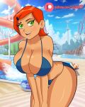  1girl bare_shoulders ben_10 big_breasts big_breasts bikini blue_bikini blue_swimsuit breasts cartoon_network cleavage ear_piercing green_eyes gwen_tennyson looking_at_viewer open_mouth open_smile orange_hair outside outside pool poolside raydonxd red_hair smile solo_female squished_breasts swimsuit wide_hips 