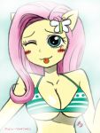  anthro bikini blush breasts discordloveevil fluttershy fluttershy_(mlp) friendship_is_magic my_little_pony tongue_out 
