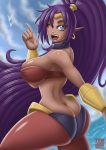  1girl ass big_ass blue_eyes blue_sky breasts butt_crack collar dark-skinned_female dark_skin earrings fangs hair_ornament jewelry large_breasts looking_at_viewer looking_back one_eye_closed open_mouth outside pointy_ears ponytail purple_hair shantae shantae_(character) sideboob takilmar teeth thighs tongue 