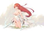  1girl 1girl 1girl bigrbear breasts closed_mouth clothing dress female_pubic_hair green_eyes hair_between_eyes holding holding_sword holding_weapon jewelry medium_breasts necklace nipples original partially_submerged pubic_hair red_hair red_pubic_hair sword torn_clothes torn_dress water weapon white_dress 