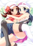  2girls art ass babe bare_legs bare_shoulders beanie big_breasts black_legwear blue_eyes blue_hair blue_shorts blush breasts brown_eyes brown_hair cabbie_hat cameltoe cleavage dawn embarrassed friends hair_ornament hat hugging kotone_(pokemon) legs looking_at_another looking_at_viewer love lyra multiple_girls nagatu_usagi nintendo panties pillow pink_skirt pokemon pokemon_(anime) pokemon_(game) pokemon_dppt pokemon_hgss ribbon short_hair shorts shy skirt small_breasts smile stockings striped striped_panties striped_pillow sweat sweatdrop tongue tongue_out white_legwear yuri 