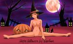  1girl avatar:_the_last_airbender breasts female_only full_moon halloween happy_halloween jack-o&#039;-lantern moon navel night nikochan nipples nude outside pumpkin solo solo_female split spread_legs ty_lee witch_hat 