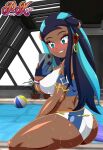 1girl alluring bikini blue_eyes blush dark-skinned_female dark_skin ebony nessa_(pokemon) nintendo pk-studios pokemon pool selfpic smartphone swimming_pool wet