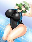  1girl adidas akasode_(tyaramu) blush breasts competition_swimsuit covered_navel green_hair huge_breasts kazami_yuuka one-piece_swimsuit one_eye_closed pool poolside red_eyes short_hair sitting soaking_feet swimsuit thick_thighs thighs touhou water wide_hips 