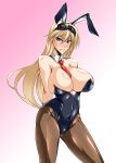  1girl animal_costume animal_ears arms_behind_back blonde blonde_hair blue_eyes breasts bunny_costume bunny_ears bunnysuit bursting_breasts cleavage curvy detached_collar female goggles gradient_background groin hanna-justina_marseille hips huge_breasts kanten large_breasts light_skin long_hair mound_of_venus necktie pantyhose pink_background playboy simple_background solo standing strike_witches tie wide_hips 