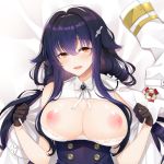  1:1_aspect_ratio 1girl 1girl 1girl azuma_(azur_lane) azur_lane bangs bed big_breasts black_gloves black_hair blush bra breasts breasts_out_of_clothes cleavage eyebrows_visible_through_hair gloves hair_between_eyes hair_ornament hairclip half_gloves kl501 lace lace-trimmed_bra lace_trim long_hair looking_at_viewer lying nipples on_back open_clothes open_mouth underbust underwear 