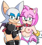 1girl amy_rose anthro bdsm blush breasts clothed clothing collar domination dominatrix duo female/female female_domination furry half-closed_eyes leash navel nipples open_mouth panties rouge_the_bat sega sex_toy simple_background sweat underwear vibrator watatanza 