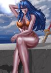 1girl alluring big_breasts bikini blue_eyes blue_hair fire_emblem legs_crossed lucina nintendo noxanne_(artist)