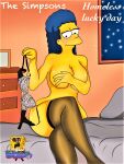  ass big_breasts blue_hair covering_breasts crossed_legs jona818 marge_simpson stockings the_simpsons thighs yellow_skin 