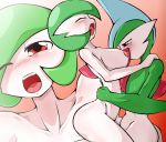  1boy 1girl :o ;o arched_back art babe bare_shoulders big_breasts blush breast_smother breasts closed_eyes collarbone couple dutch_angle gallade gardevoir green_hair half-closed_eyes hand_on_another&#039;s_shoulder hetero hugging leaning leaning_back looking_at_another looking_down love moaning multiple_views neck nintendo nipples nude one_eye_closed open_mouth pokemon pokemon_(game) red_eyes round_teeth sex short_hair sideboob straddle straddling teeth uranoyoru wince 