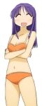 2014 bare_legs breast_squeeze closed_eyes hinata_yukari legs long_hair open_mouth orange_bikini orange_swimsuit purple_hair smile tangerine_bikini very_long_hair yuyushiki