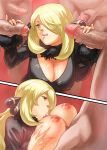  1girl :q bad_id blonde_hair breasts cleavage cum cum_on_body cum_on_breasts cum_on_upper_body cynthia fellatio female foreskin gangbang group_sex hair_ornament hair_over_one_eye happy_sex hetero huge_breasts large_breasts long_hair multiple_penises nintendo nipples open_clothes oral paizuri penis pinky_out pokemon pokemon_(game) pokemon_dppt shirona_(pokemon) takeda_kanryuusai tongue tongue_out uncensored 